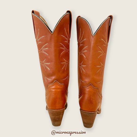 1980 VINTAGE Frye Leather Cognac Tree Art Embroidered Cowboy Heeled Western Boot